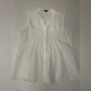 Theory White Pintuck Sleeveless Blouse Button Front Collared 100% Ramie Size L